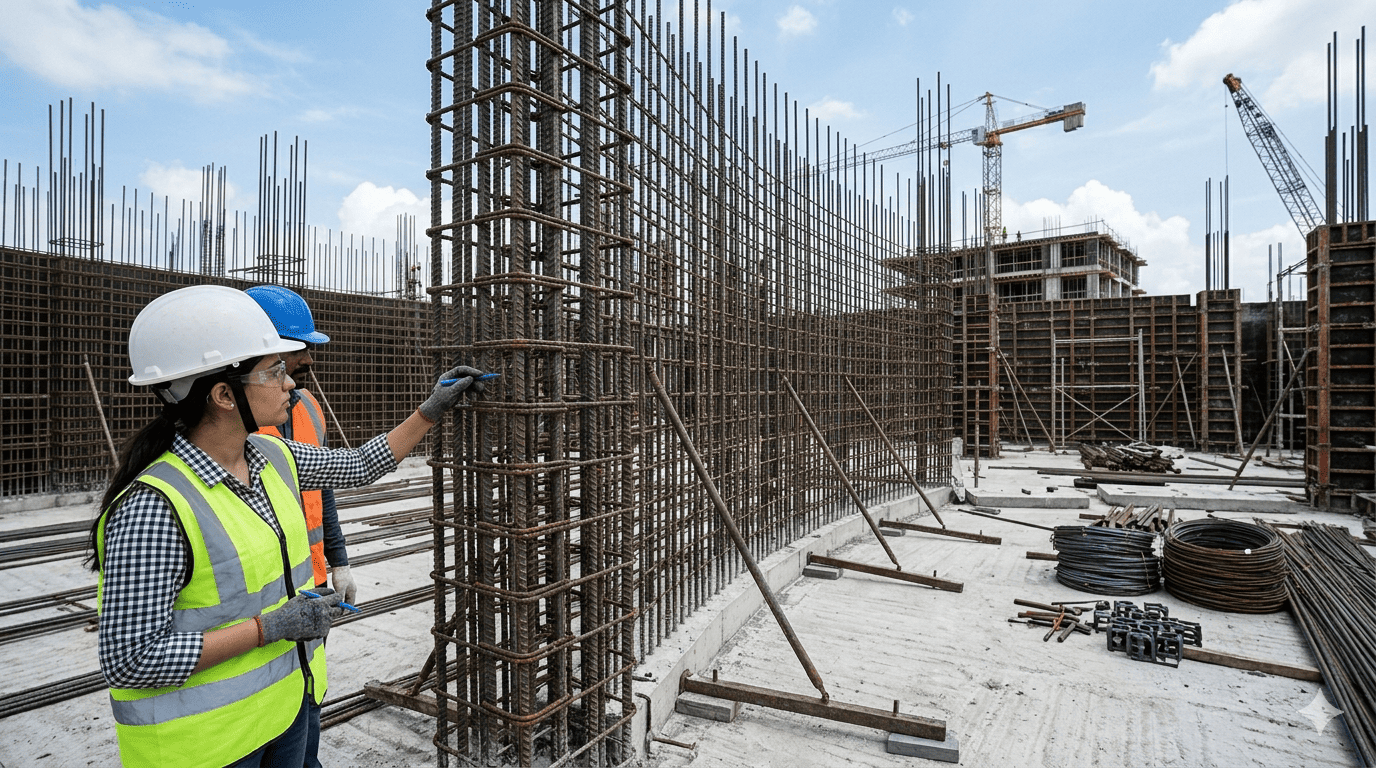 Water retaining concrete wall with reinforcement cage