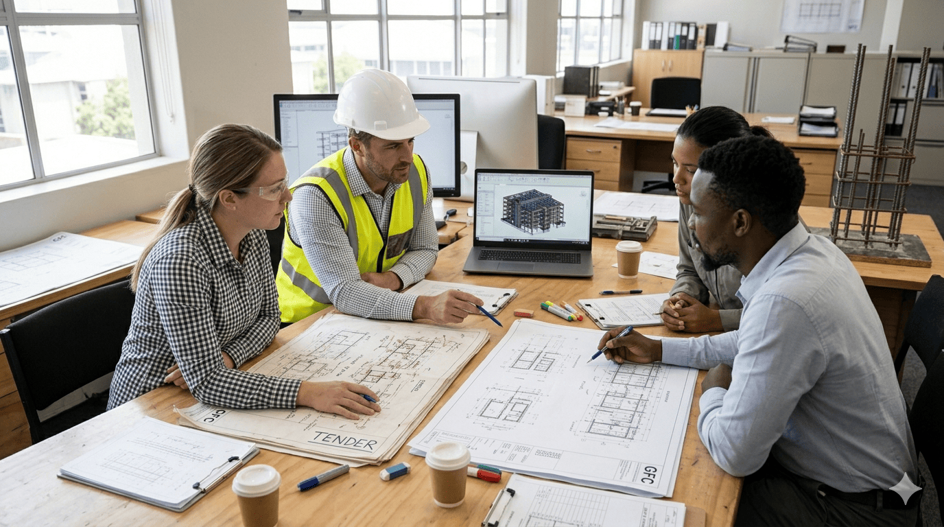 Engineering team reviewing tender and GFC drawing sets