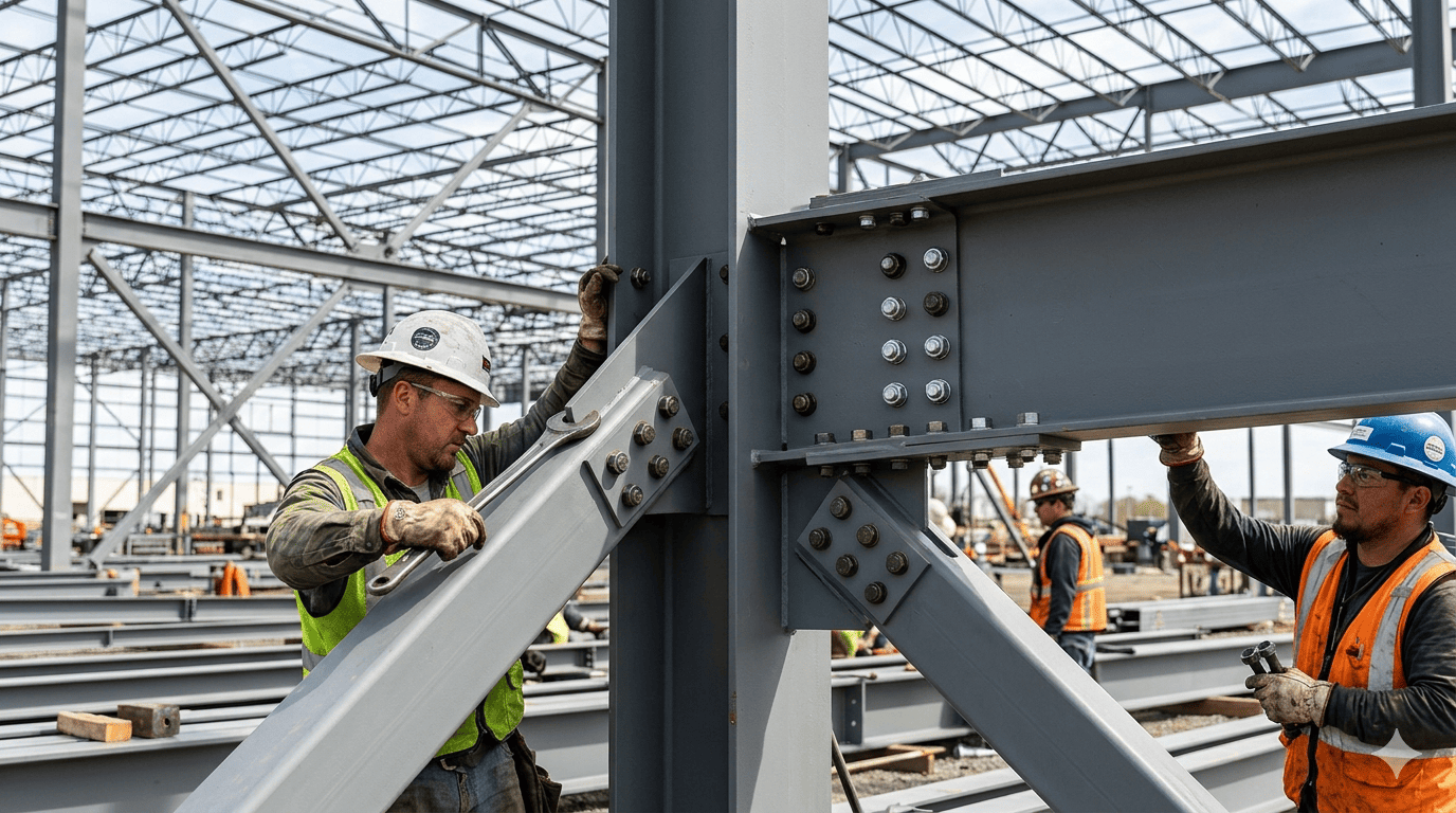 Industrial steel frame joints and bolted connection assembly