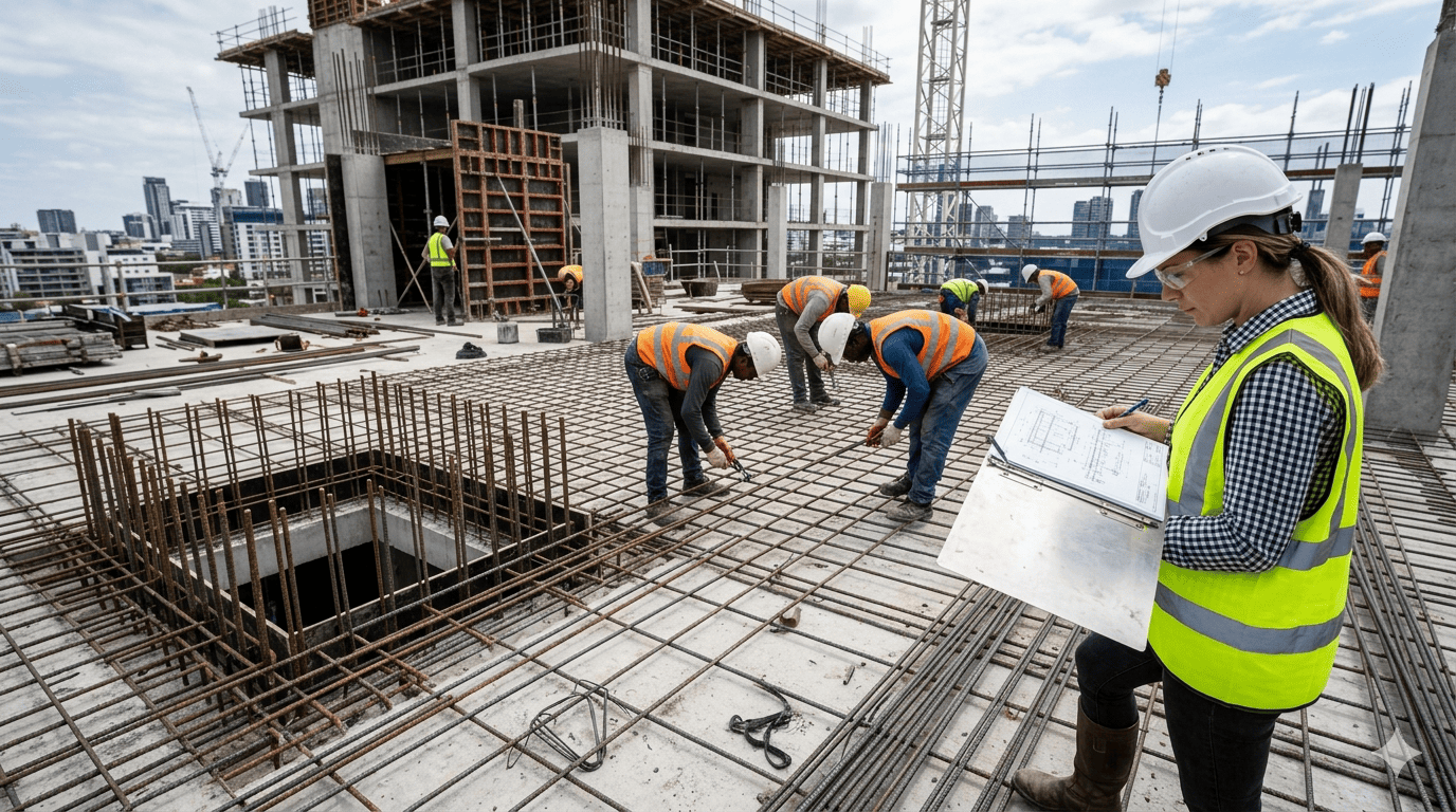 RCC slab reinforcement at active construction site