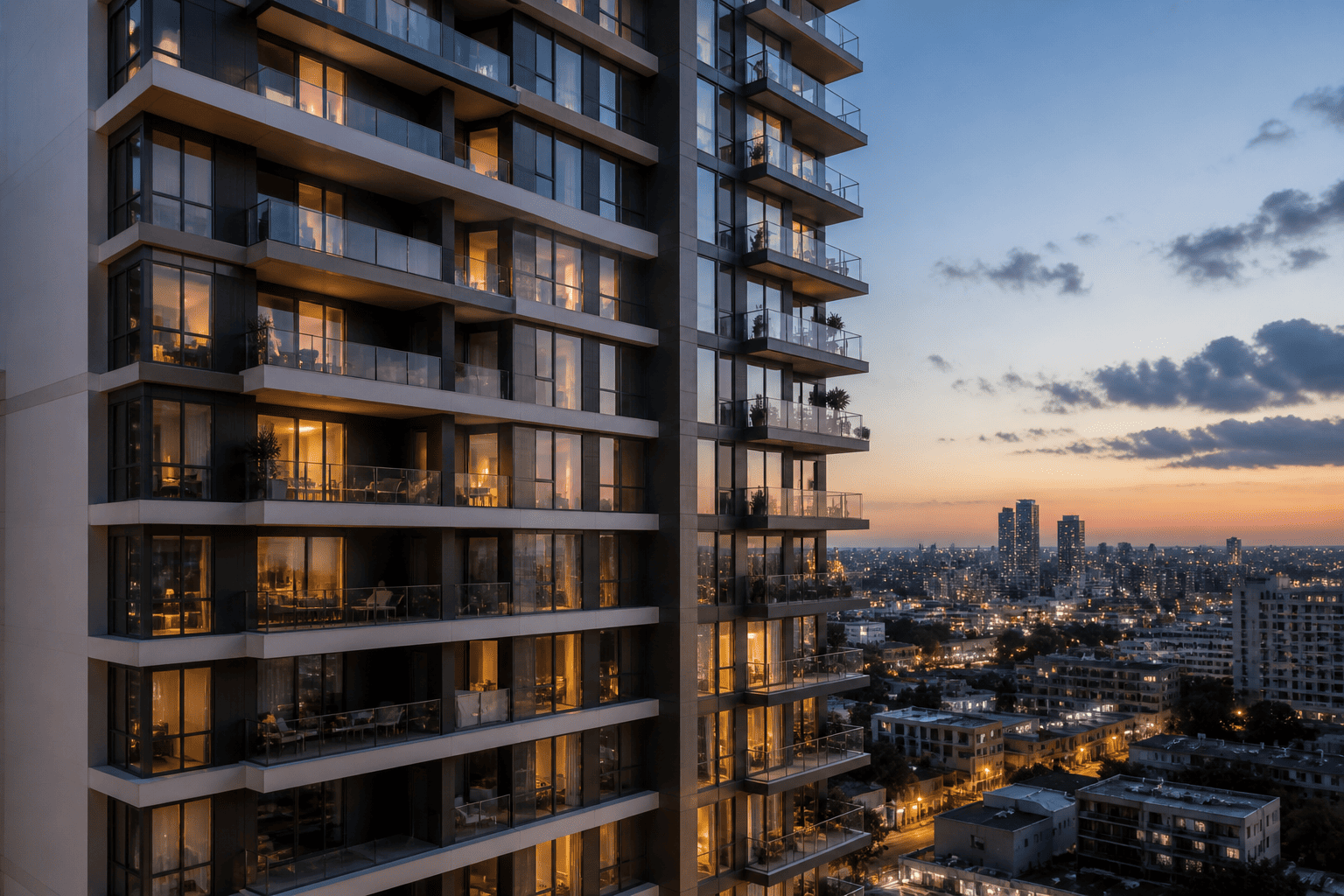 Residential tower facade at dusk