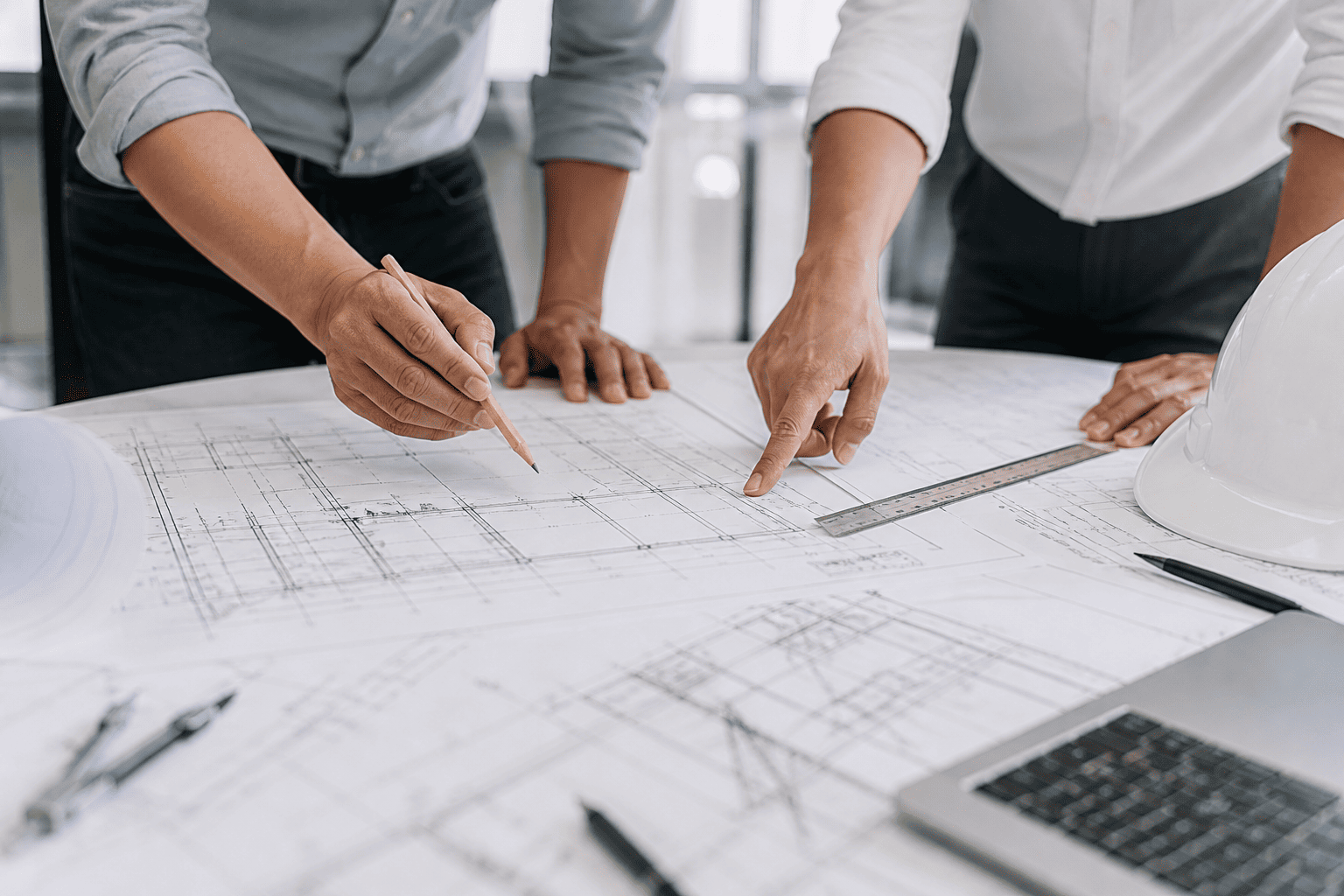 Engineering team reviewing structural drawings