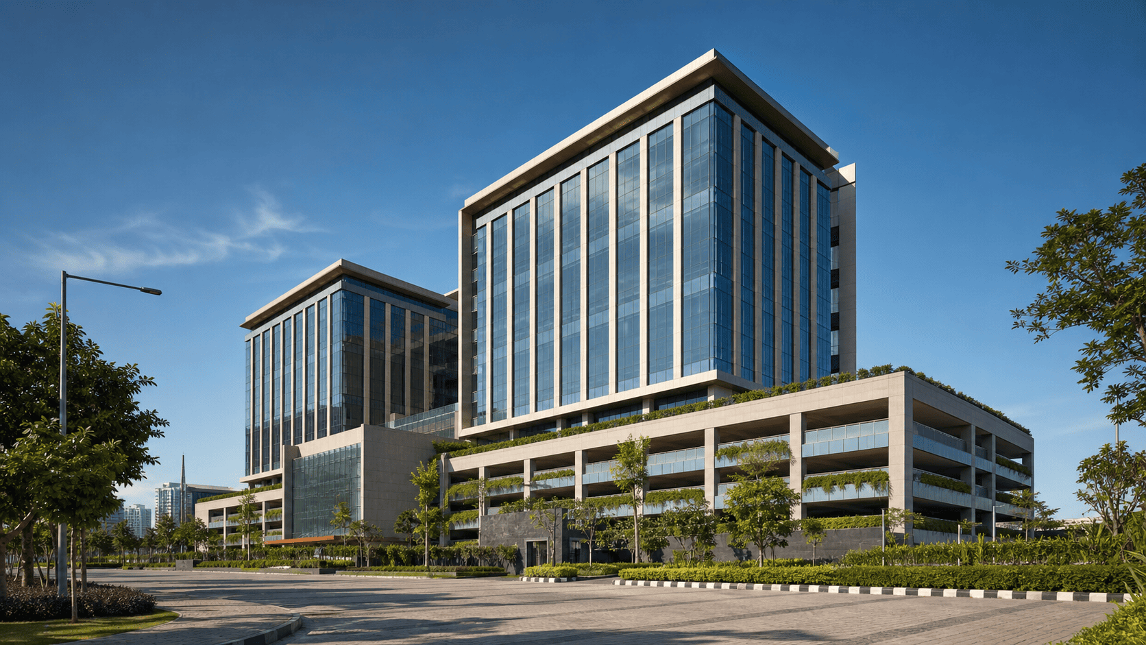 Office campus with shared basement and tower blocks above podium