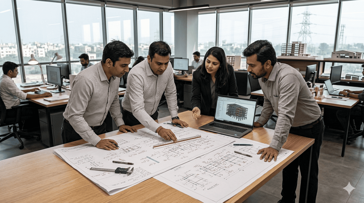 Engineers reviewing structural drawings